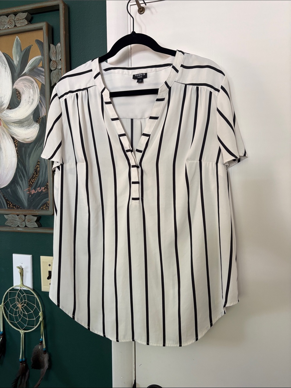 Black and White Vertical-Stripe V-Neck Blouse